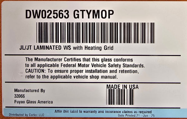 2018-2023 Jeep Wrangler JL  & 2020-2024 Gladiator Windshield, OE Mopar w/ Safety Options no Antenna